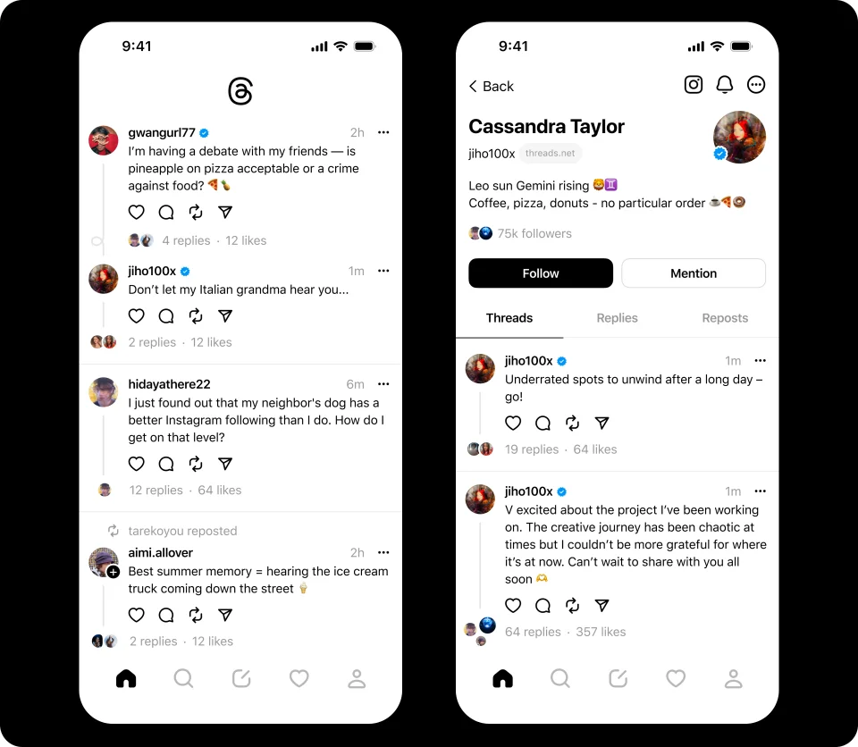 Dos pantallas de la aplicación Threads: el feed de publicaciones y el perfil de una usuaria