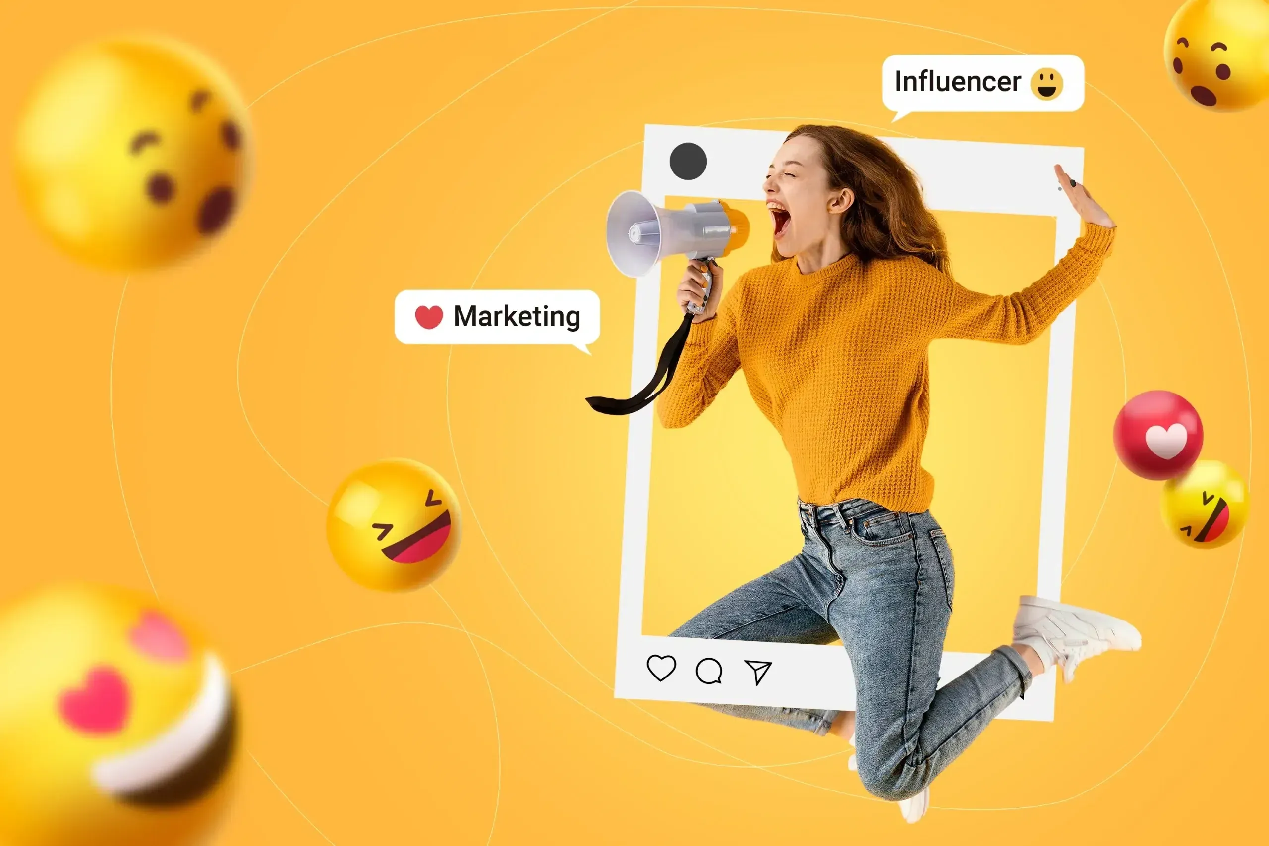 Mujer saltando con un megáfono dentro de un marco de publicación rodeada de emojis