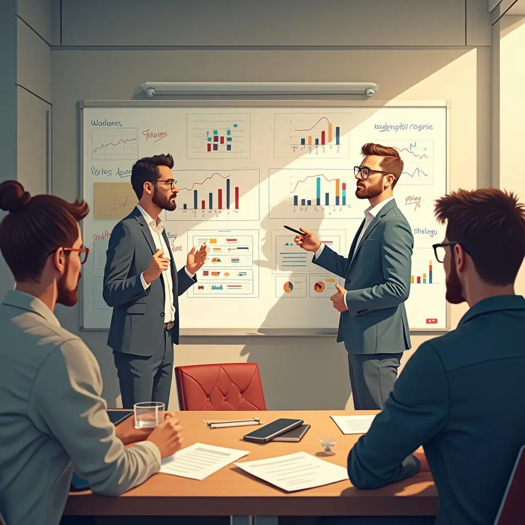 Equipo de marketing planificando su estrategia frente a una pizarra con gráficos