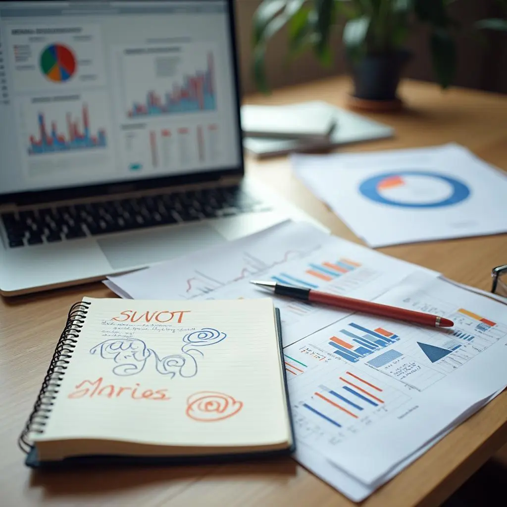 Cuaderno con un análisis DAFO y gráficos de marketing sobre una mesa de trabajo