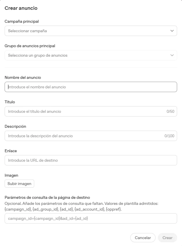 Captura del formulario de creación de un anuncio en ChatGPT Ads con campaña, título, descripción, URL e imagen.