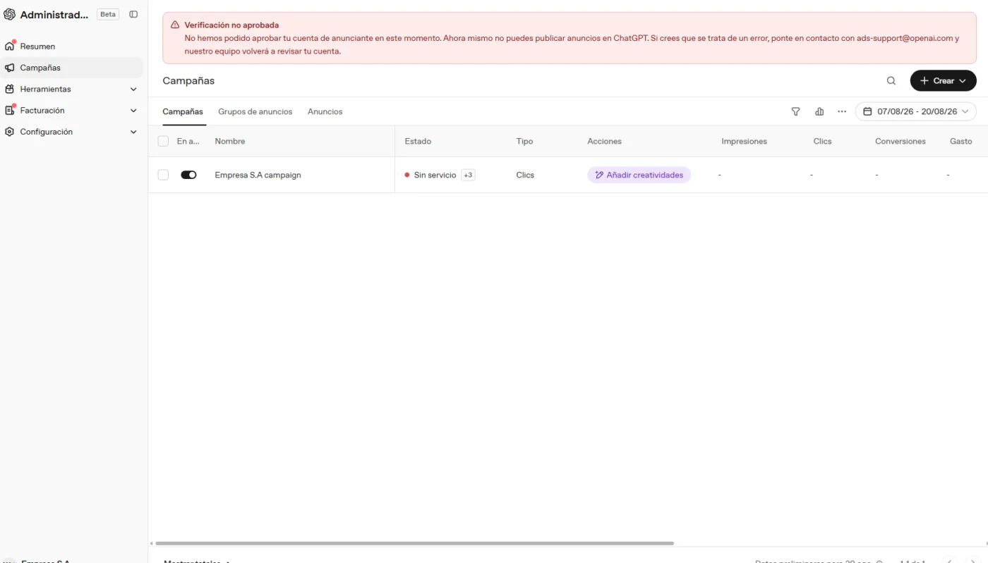 Captura de la vista de campañas de OpenAI Ads Manager Beta con campañas, grupos de anuncios y anuncios.