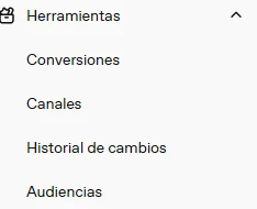 Captura del menú de herramientas de OpenAI Ads Manager Beta con conversiones, canales, historial de cambios y audiencias.