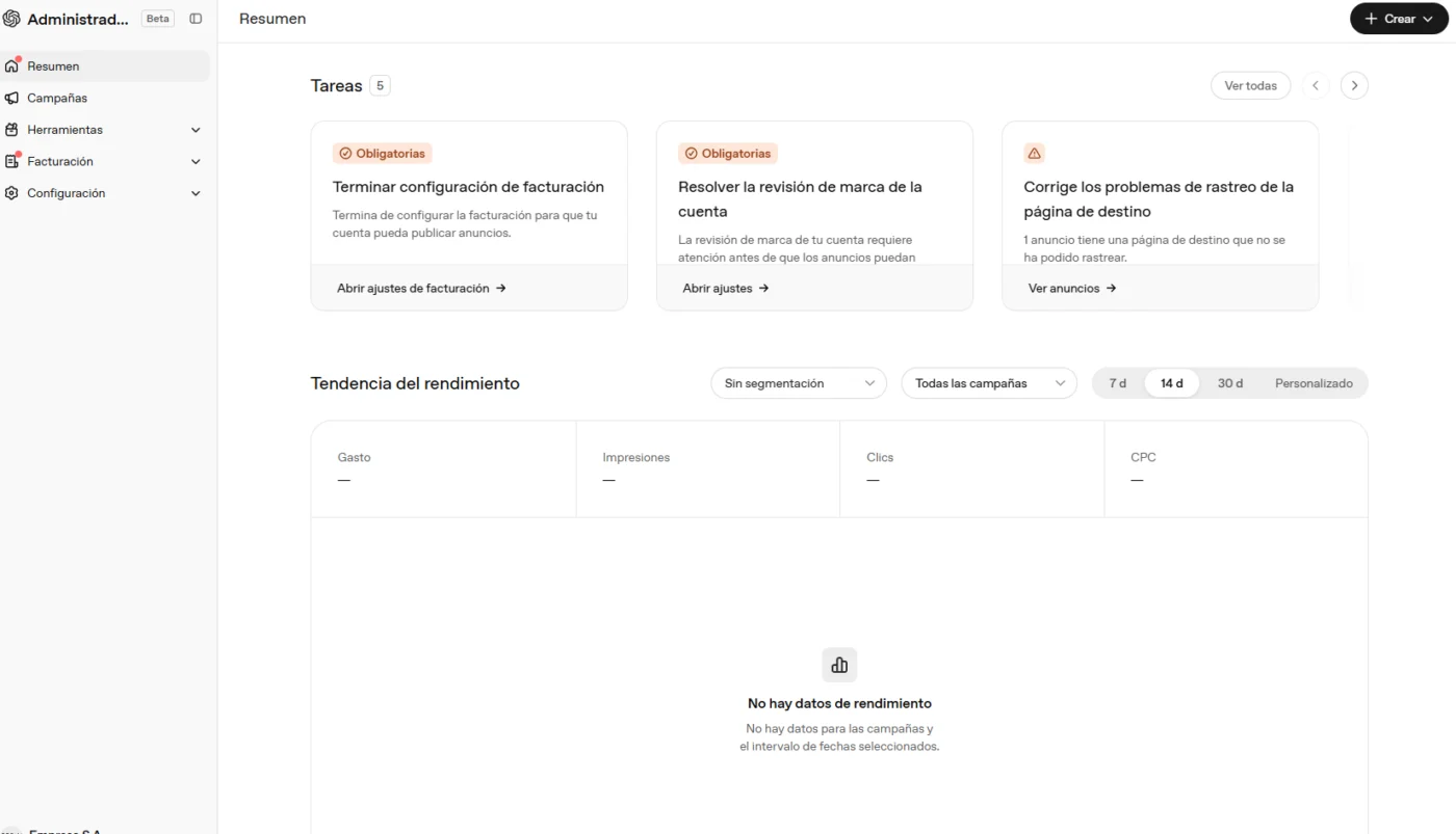 Captura del panel de resumen de OpenAI Ads Manager Beta con configuración y métricas de anuncios en ChatGPT.