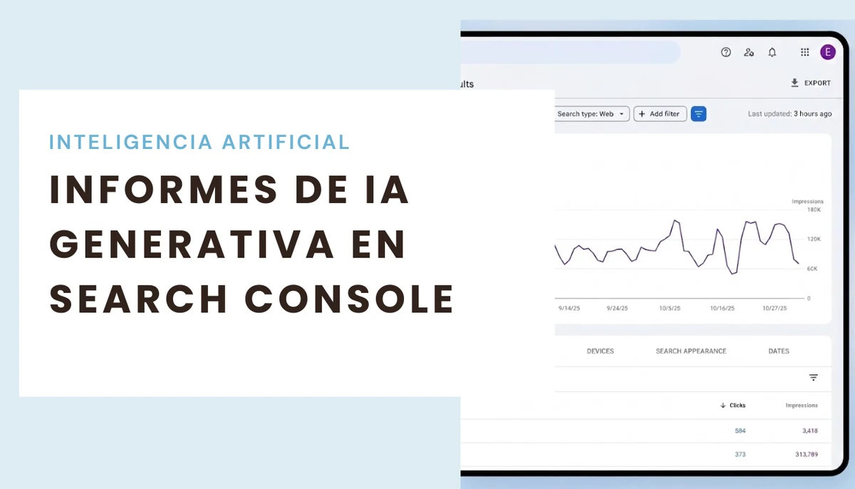 Informes de IA generativa en Search Console con gráfico de impresiones y tabla de rendimiento