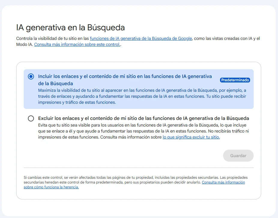 Ajustes de Search Console: control de IA generativa de la Búsqueda para incluir o excluir los enlaces y el contenido del sitio