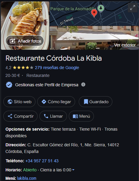 Ficha de Google Business Profile del asador La Kibla, en Córdoba