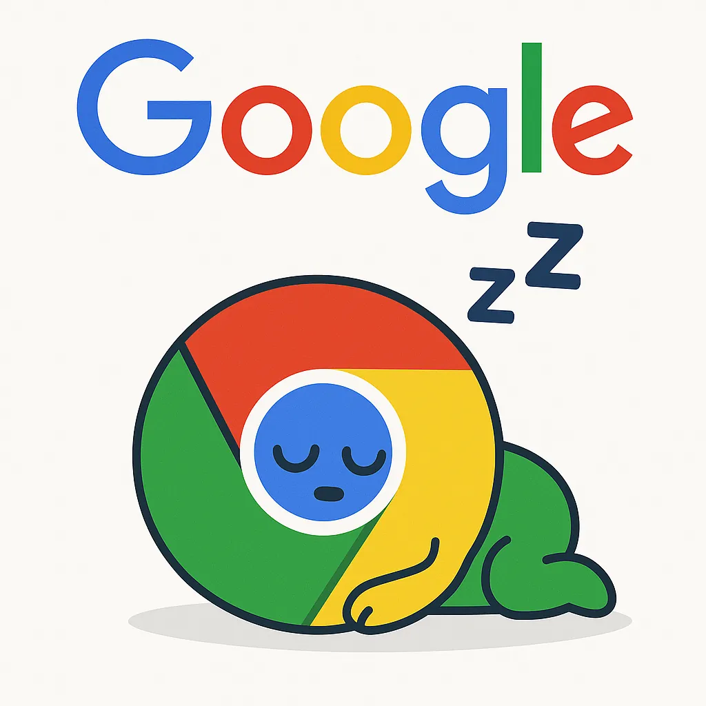 Ilustración del logotipo de Chrome dormido bajo la palabra Google, con signos de sueño