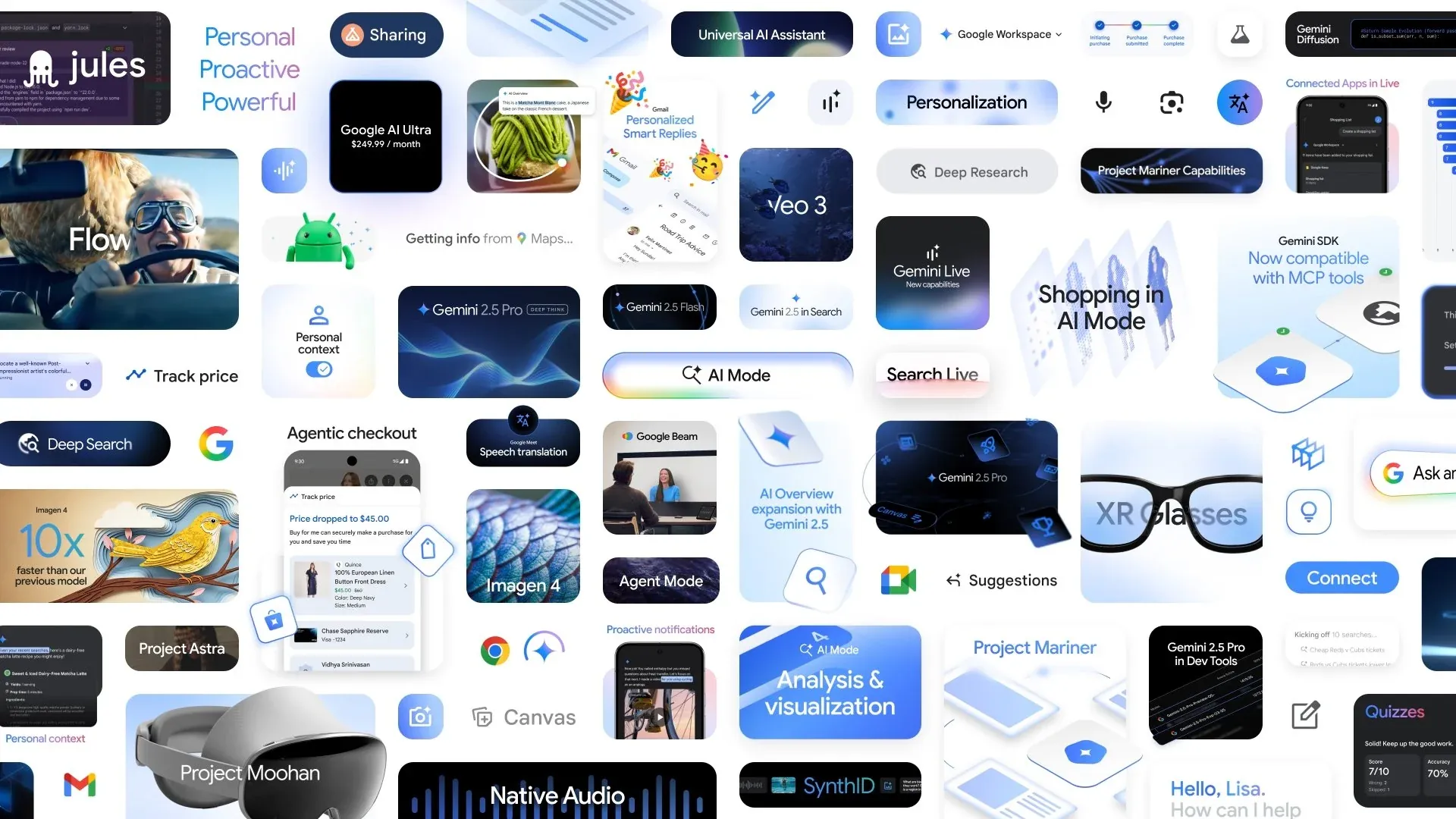 Mosaico con las novedades de inteligencia artificial que Google presentó en el I/O 2025