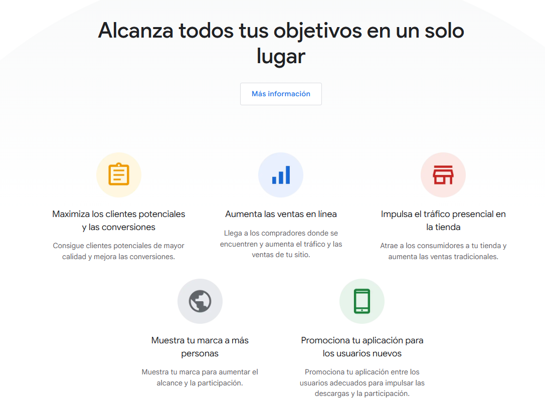 Página de Google Ads con los cinco objetivos de campaña que permite alcanzar